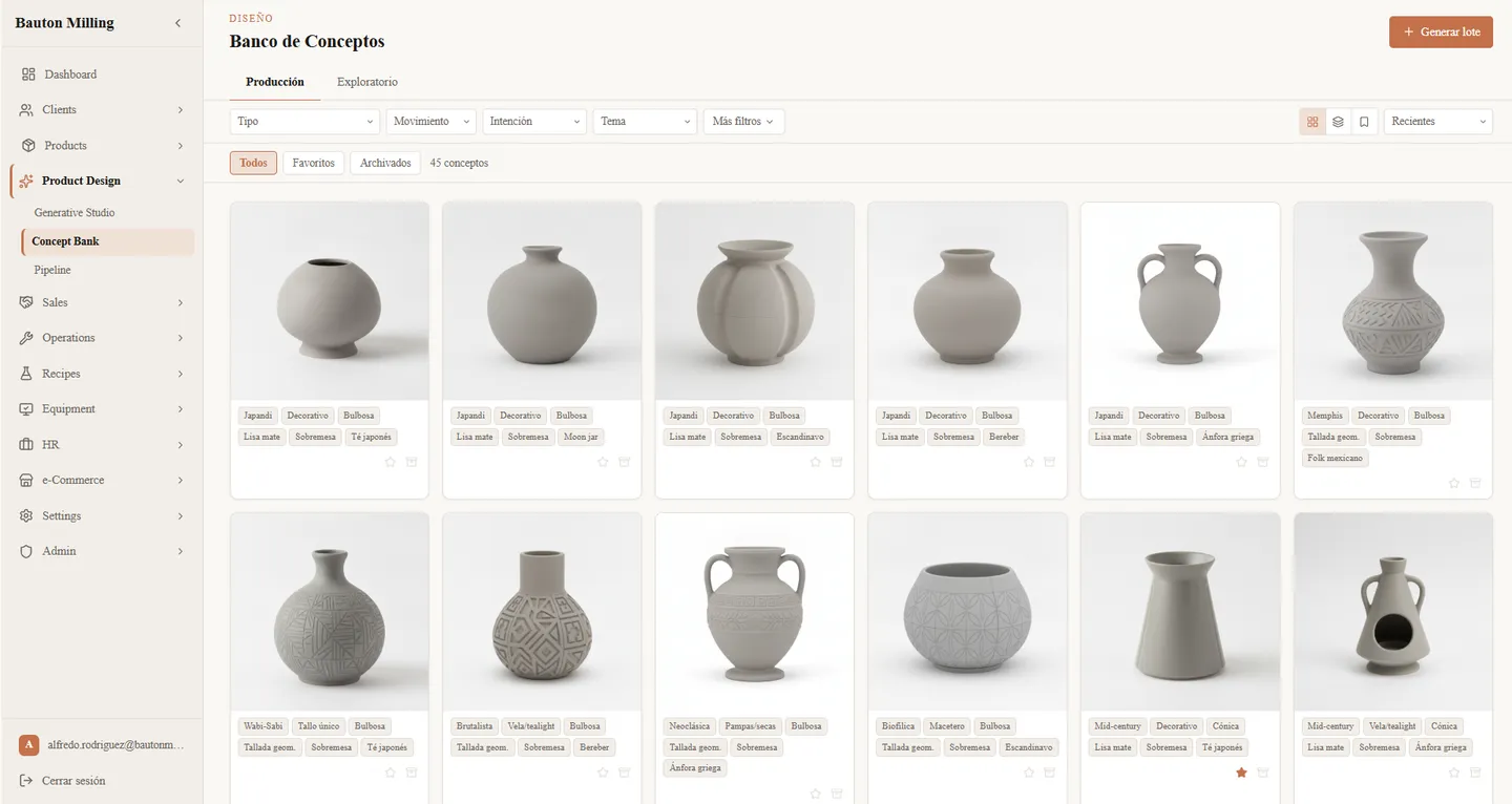 Banco de conceptos del ERP de Bauton Milling: cuadrícula de conceptos de producto generados con inteligencia artificial, cada uno con su render y sus etiquetas de estilo.