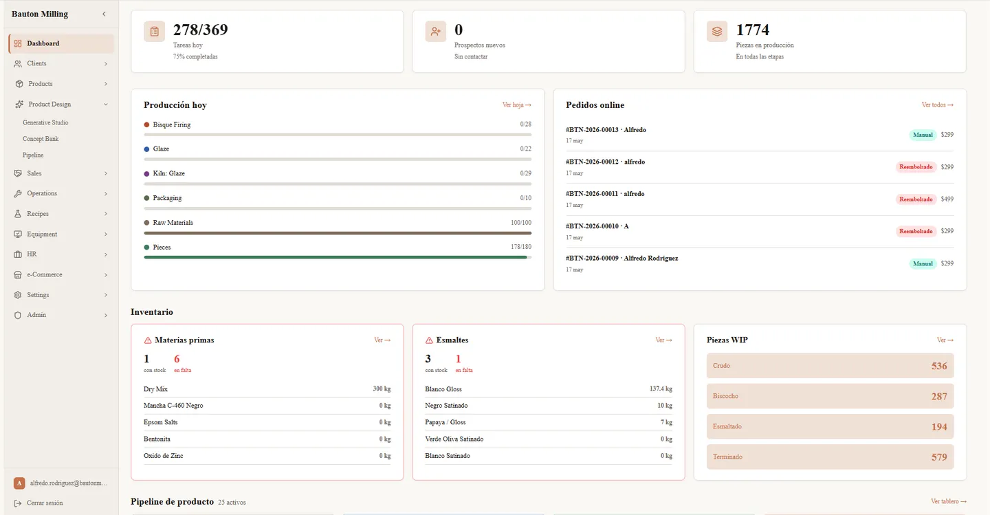 Dashboard del ERP de Bauton Milling con las tareas del día, el avance de producción por etapa, los pedidos de la tienda en línea y los inventarios de materias primas, esmaltes y piezas en proceso.