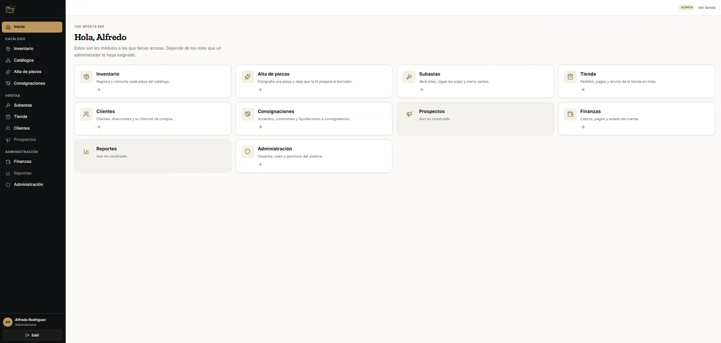 Pantalla de inicio del ERP de Top Sports con las tarjetas de sus módulos: inventario, alta de piezas, subastas, tienda, clientes, consignaciones, finanzas y administración.
