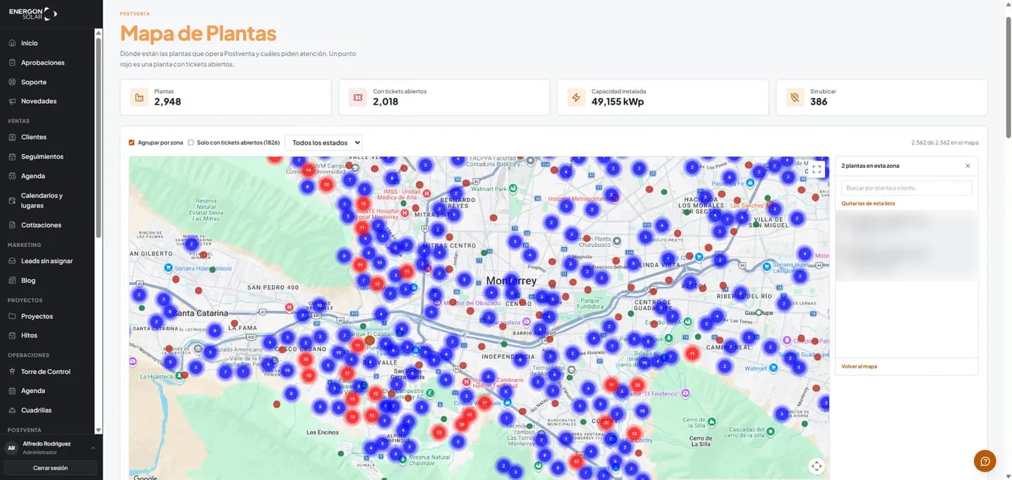 Mapa de las instalaciones que opera el área de postventa de Energon Solar sobre la zona metropolitana de Monterrey, con los puntos agrupados por zona y las plantas con tickets abiertos marcadas en rojo.