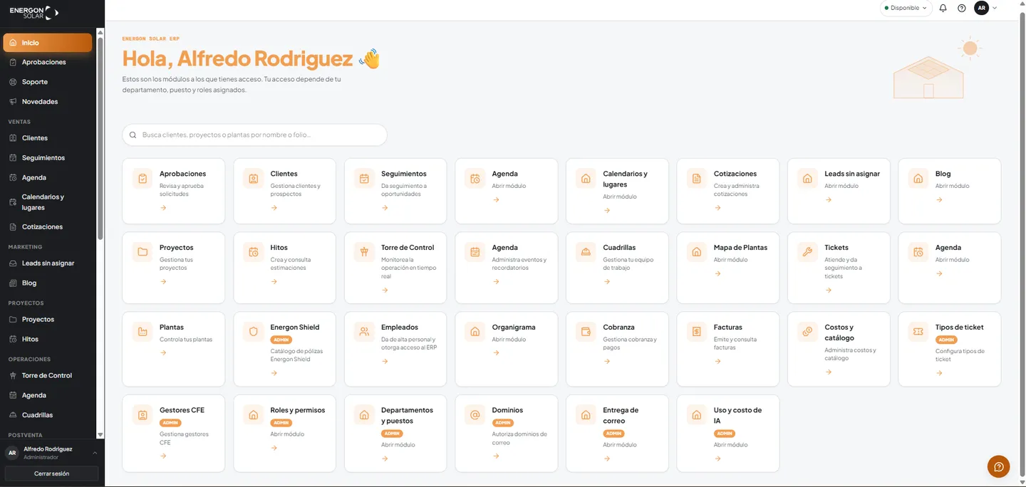 Pantalla de inicio del ERP de Energon Solar con las tarjetas de los módulos disponibles para el usuario: aprobaciones, clientes, seguimientos, cotizaciones, proyectos, cobranza y administración.